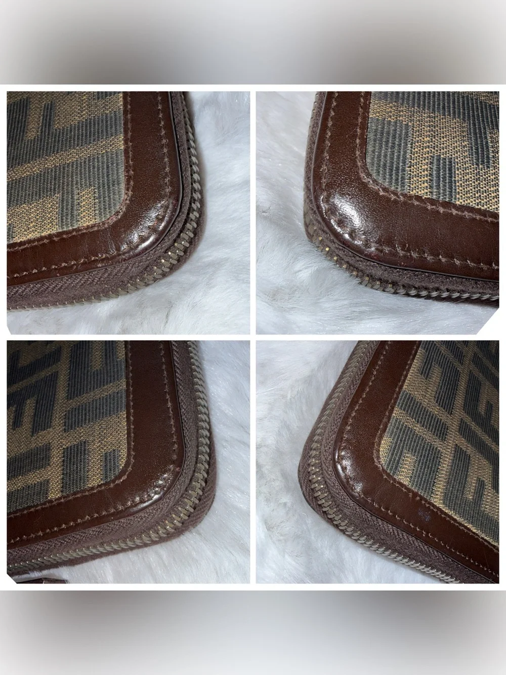 Fendi Monogram Canvas and Leather Zip Wallet in Dark Brown with Silver Hardware